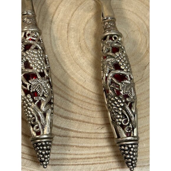 VTG Godinger Silver Filigree Grape Handle Ruby Red Insert Serving Set Spoon Fork - Picture 2 of 4